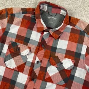 Orvis Mens L Shirt Short Sleeve Plaid Performance Fishing Button Orange Grey